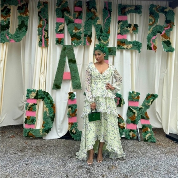 MAC DUGGAL Green Floral Chiffon Tiered Ruffle Dress 6 - Picture 8 of 16